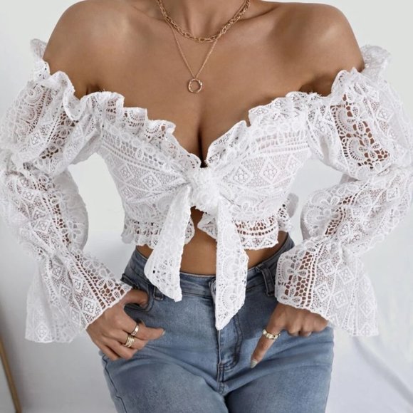 Bell Sleeve Tie Front Lace Crop Top - Picture 2 of 7